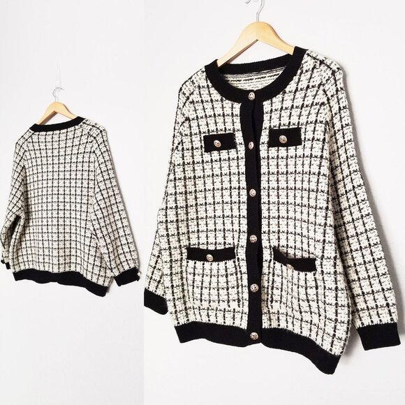 Oversized Tweed Textured Knit Cardigan Jacket Sweater OS Chunky Knit Pockets - Picture 1 of 16